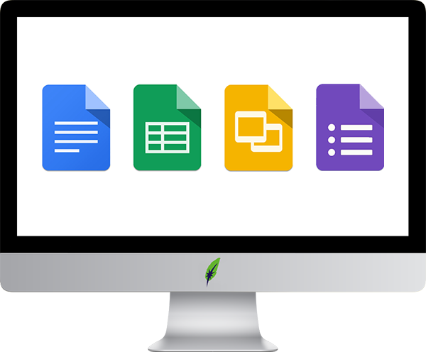 Screenschot computerscherm met iconen Google Docs - Google Sheets - Google Slides - Google Forms - in kleur op transparante achtergrond - 600 * 496 pixels